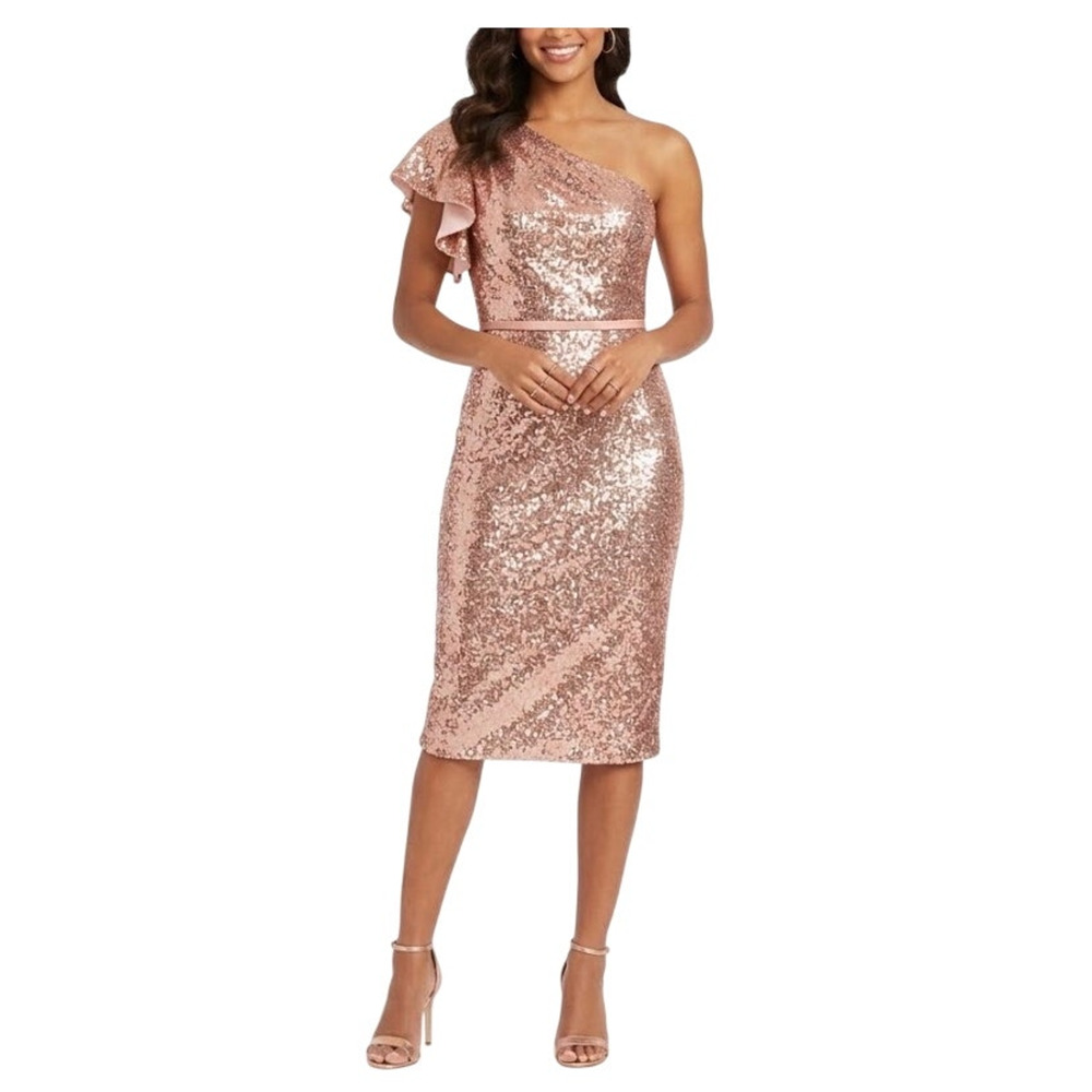 Mac Duggal 70162 Rose Gold Cocktail Dress Sequin One Shoulder Sheath Size 6